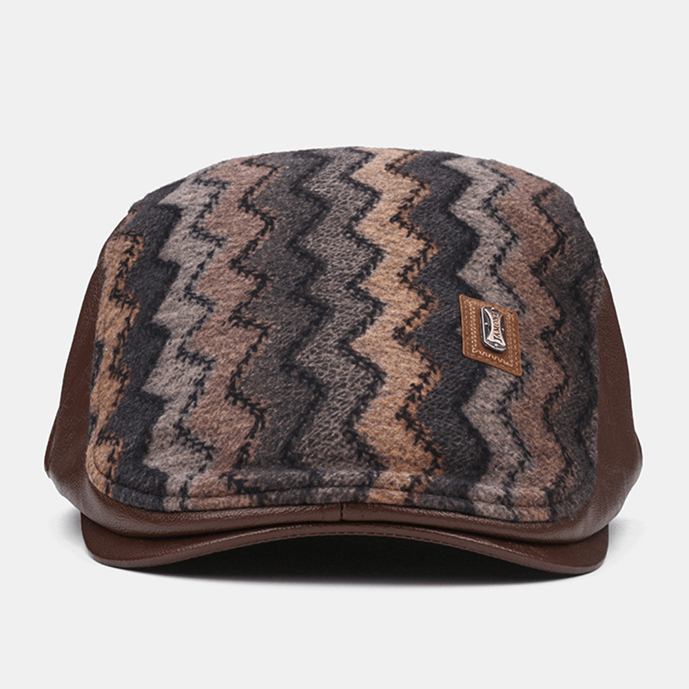 Collrown Men Retro Casual Outdoor Wave Stripe Pattern Patchwork Beret Hat Forward Hat - MRSLM