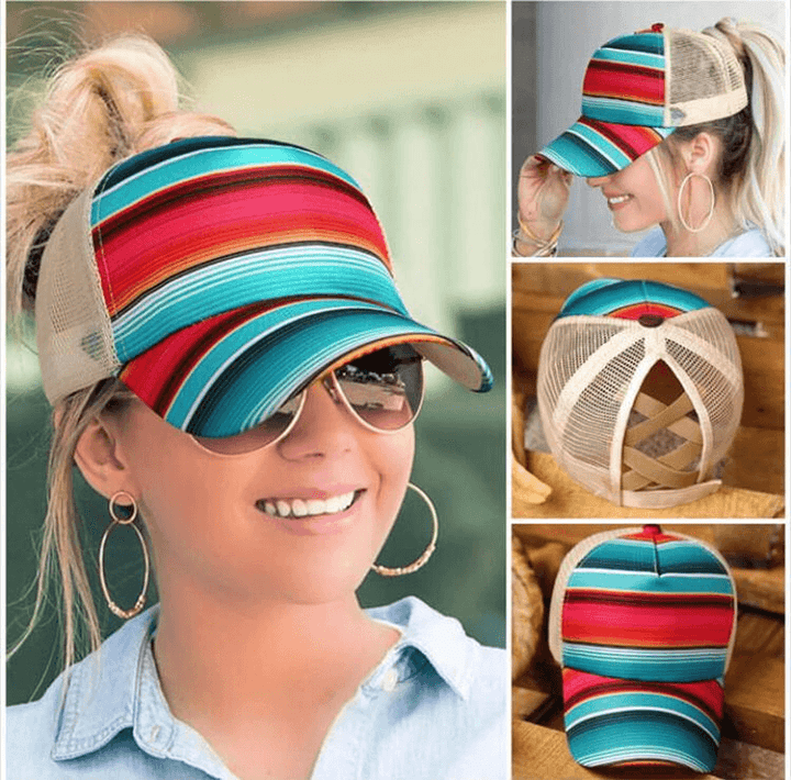 European and American Sunflower Print Baseball Cap, Back Cross Ponytail Cap, Color Striped Sunscreen Mesh Cap - MRSLM