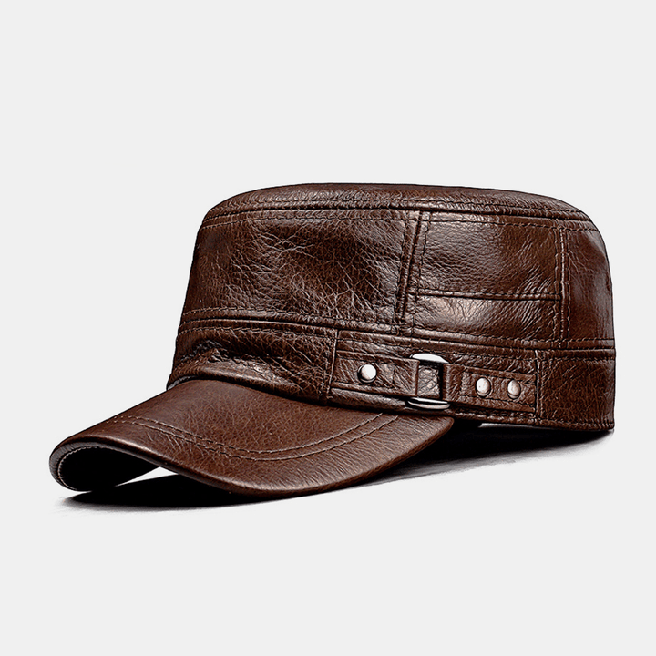 Men Genuine Leather Winter Keep Warm Ear Protection Solid Color Flat Hat Peaked Hat Baseball Hat - MRSLM