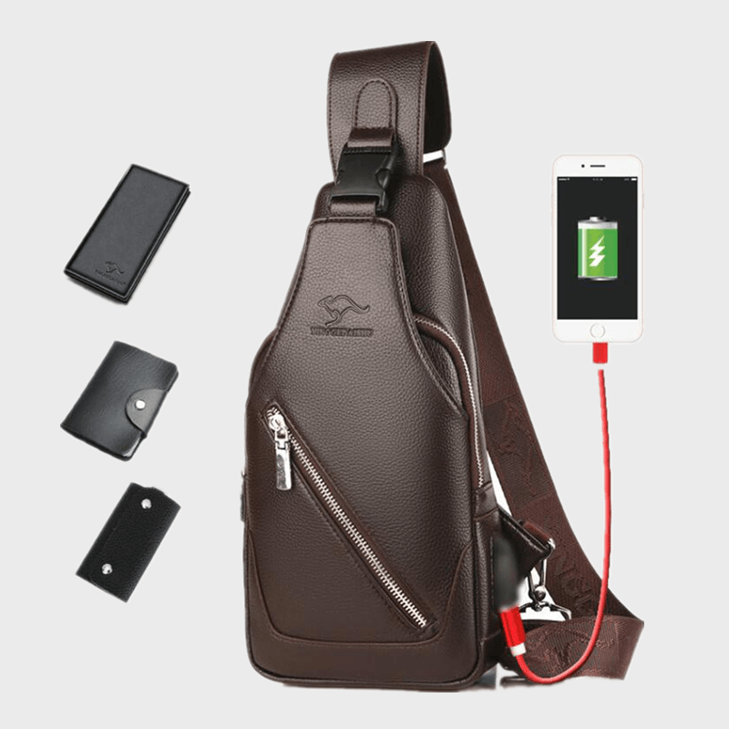 Men PU Leather USB Charging Waterproof Earphone Hole Business Crossbody Bag Chest Bag Sling Bag - MRSLM