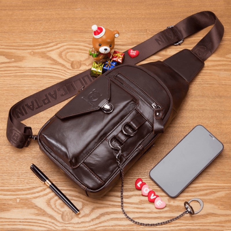 BULLCAPTIAN Men Multi-Pocket Soft Leather Chest Bag Vintage Mobile Phone Holder Chain Crossbody Shoulder Bag - MRSLM