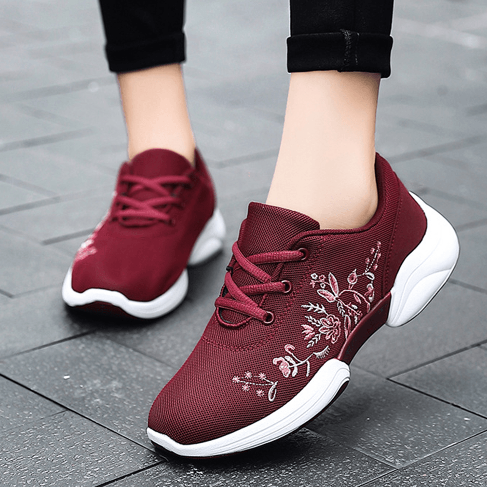 Women Casual Embroidery Flowers Knitted Lightweight Breathable Sneakers - MRSLM