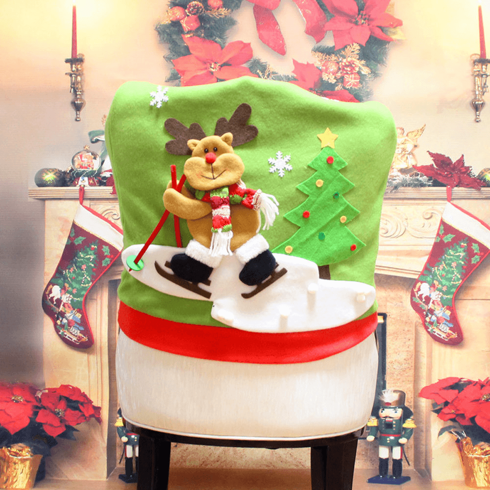 Christmas Chair Cover Cartoon Christmas Santa Claus Chair Back Cover Snowman Elk Ski Dinner Table Party Decorations - MRSLM