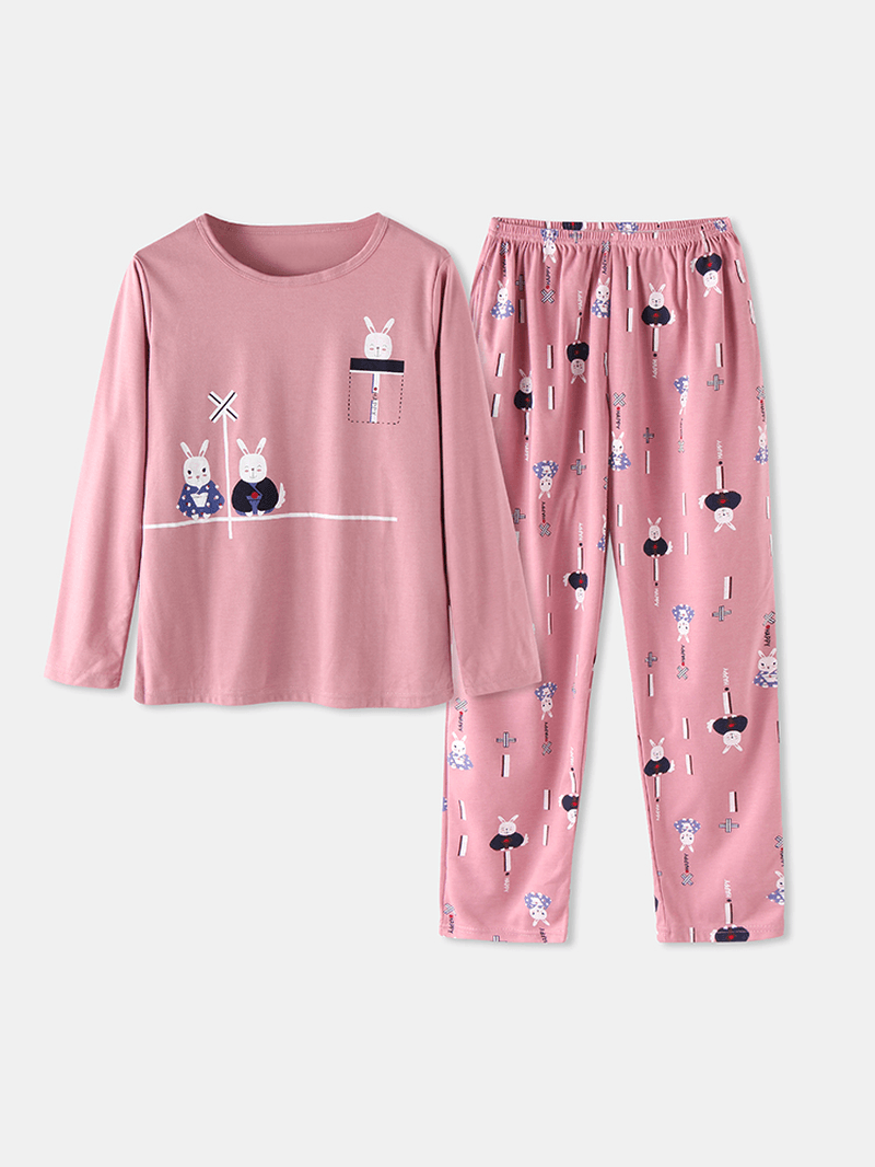 Women Cute Cartoon Animal Print Long Sleeve Pocket Elastic Waist Home Pajama Set - MRSLM