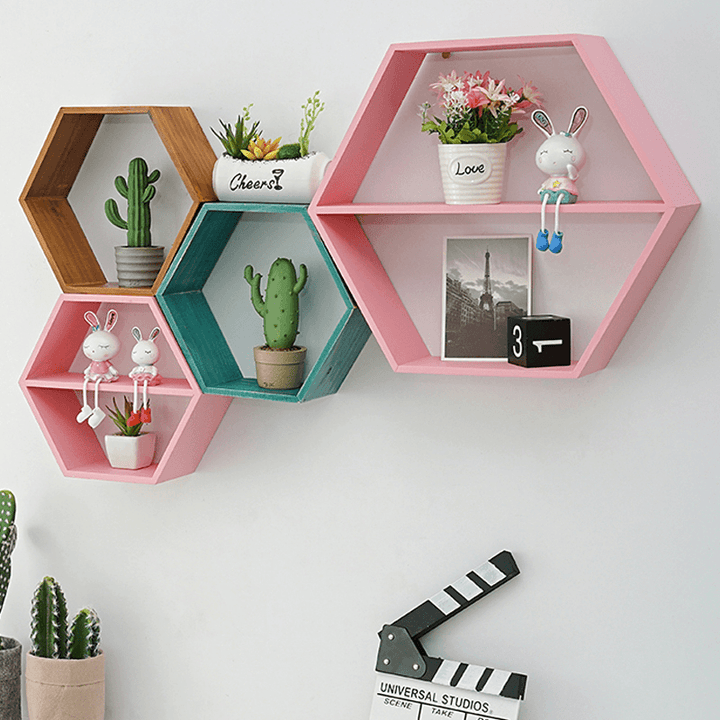 Hexagon Wall Mounted Shelf Rack Decorative Frame Wall Punch-Free Bookshelf Decorations Display Stand Organizer for Office Home Living Room Bathroom - MRSLM