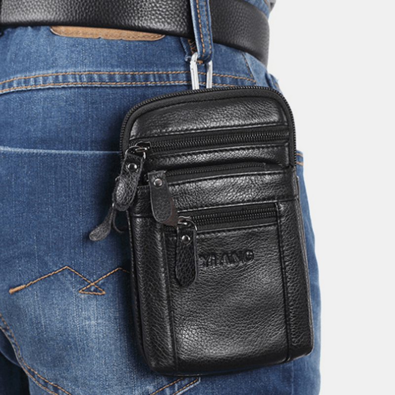 Men Genuine Leather Retro Multi-Function Belt Bag Cross Body Bag Casual Large Capacity Easy Carry Waist Bag - MRSLM