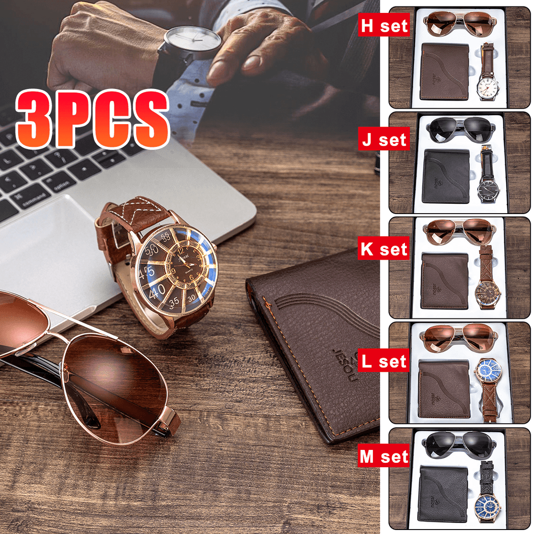 3PCS Men'S Fashion Gift Set Business Style Quartz Watch+Wallet +Sunglasses Set - MRSLM