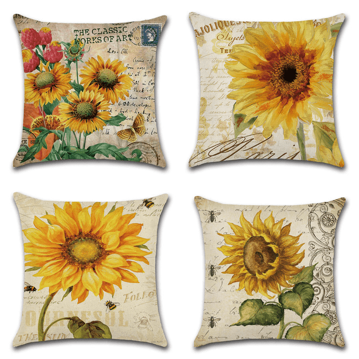 18 X 18 Inches Sunflower Throw Pillow Case Green Cushion Cover Cotton Linen Decorative Pillows Covers - MRSLM