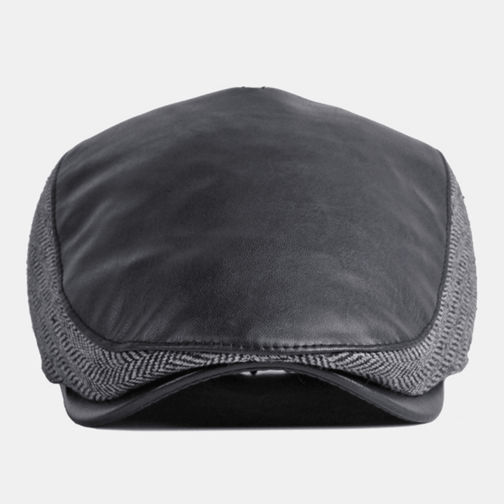 Mens PU Leather Stitching Earflaps Ear Protection Beret Cap Retro Outdoor Cool Protection Warm Forward Hat - MRSLM