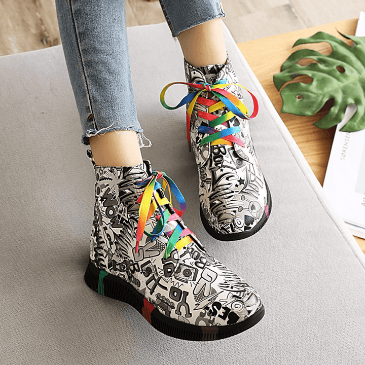 Women Casual Letter Graffiti Printing Multicolor Lace up Short Combat Boots - MRSLM