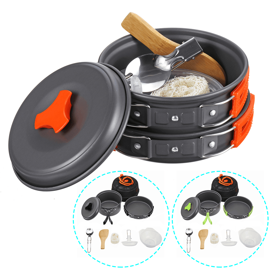 8 PCS Picnic BBQ Cooking Set 1-2 People Non-Stick Pots Pans Bowls Outdoor Camping Cookware Kit - MRSLM