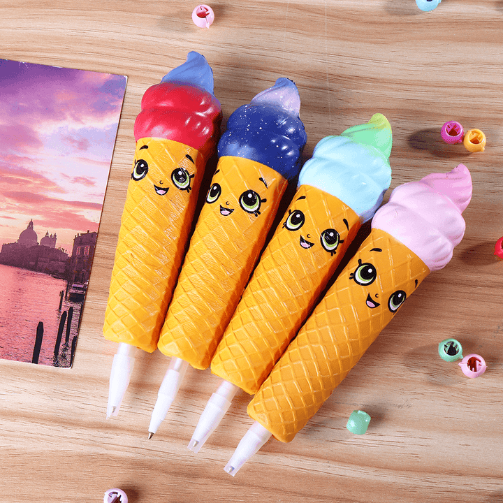 Squishy Pen Cap Smile Face Ice Cream Cone Slow Rising Jumbo with Pen Stress Relief Toys Student Office Gift - MRSLM