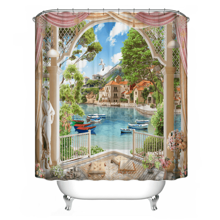 1/3Pcs Bathroom Shower Curtain Mediterranean Sea Printing Set Toilet Cover Mat - MRSLM