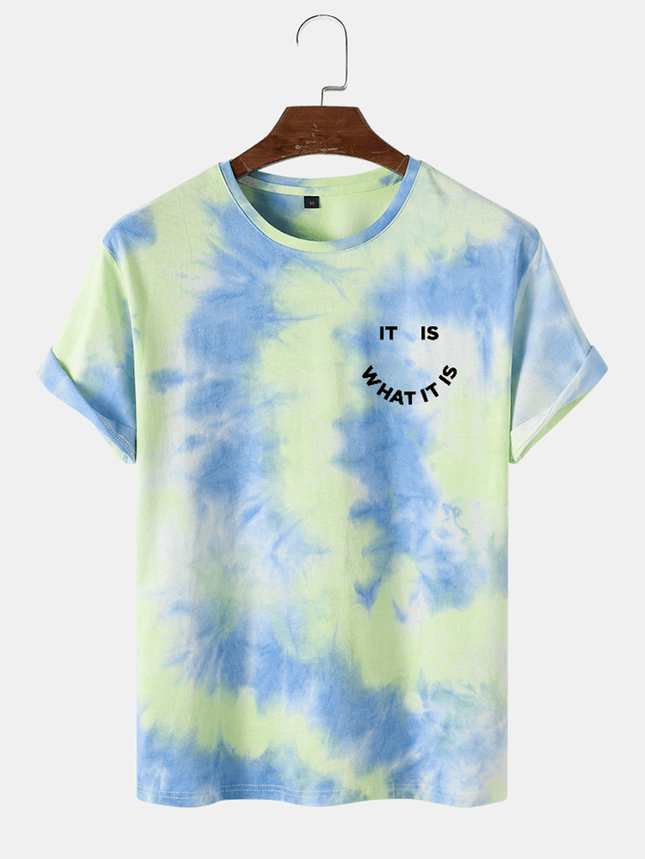 Mens Smile Letter Print Tie Dye Crew Neck Street T-Shirts - MRSLM