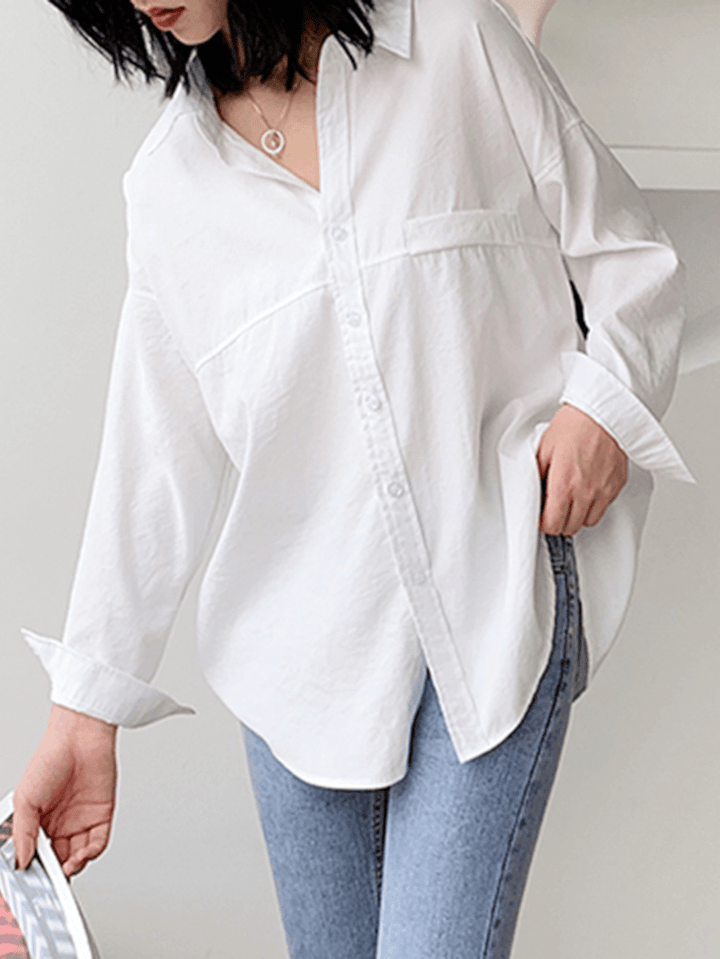 Solid Color Lapel Long Sleeve Plain Daily Casual Shirts for Women - MRSLM