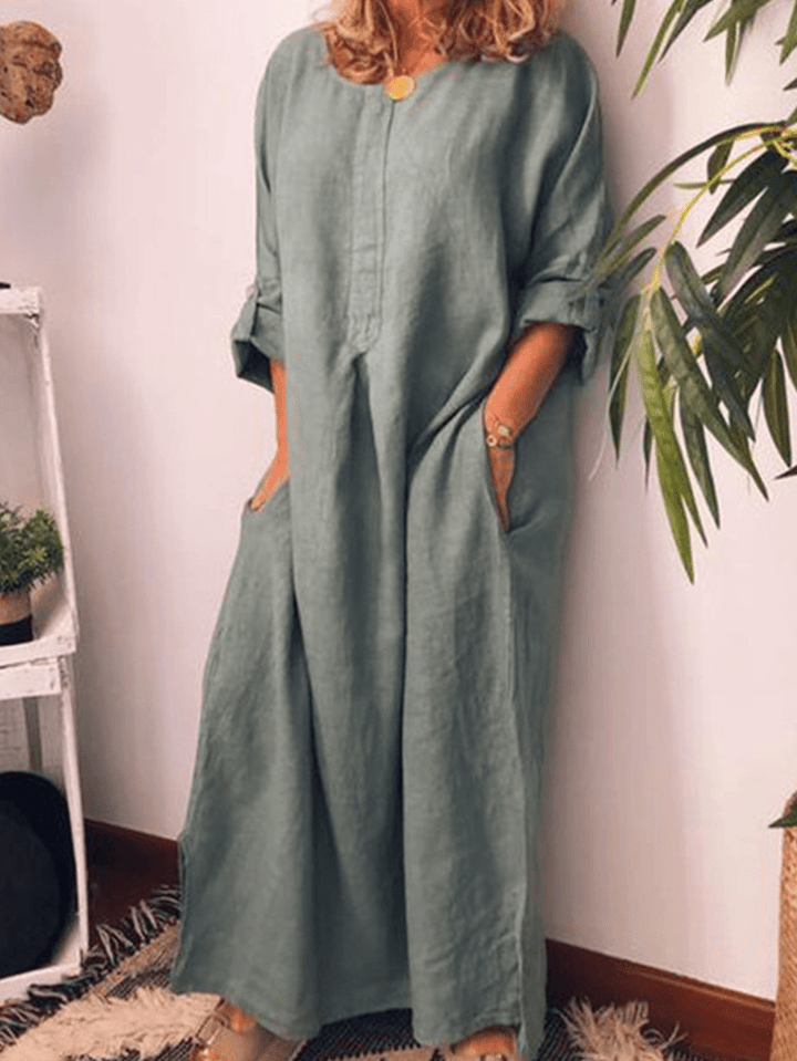 Loose Solid Color Long Sleeve Casual Maxi Dress - MRSLM