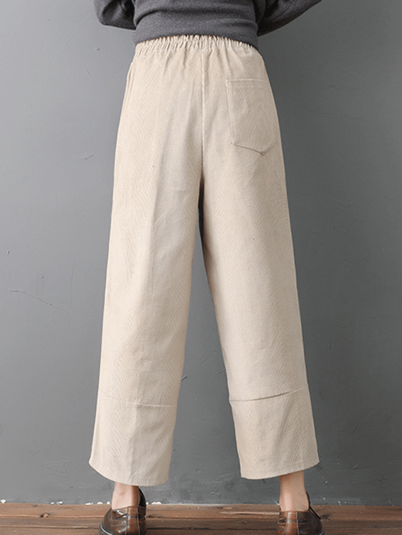 Women Pure Color Elastic Waist Pockets Corduroy Pants - MRSLM