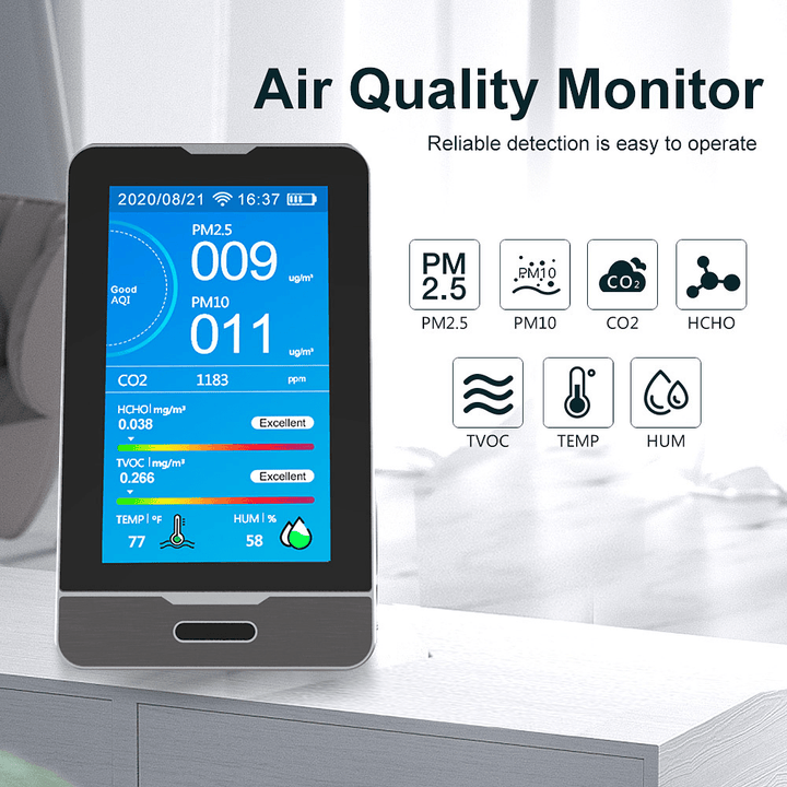 WIFI PM2.5 PM1.0 PM10 Temperature Humidity Air Quality Monitor 4.3 Inch LED Display Intelligent CO2 HCHO TOVC Gas Detector - MRSLM