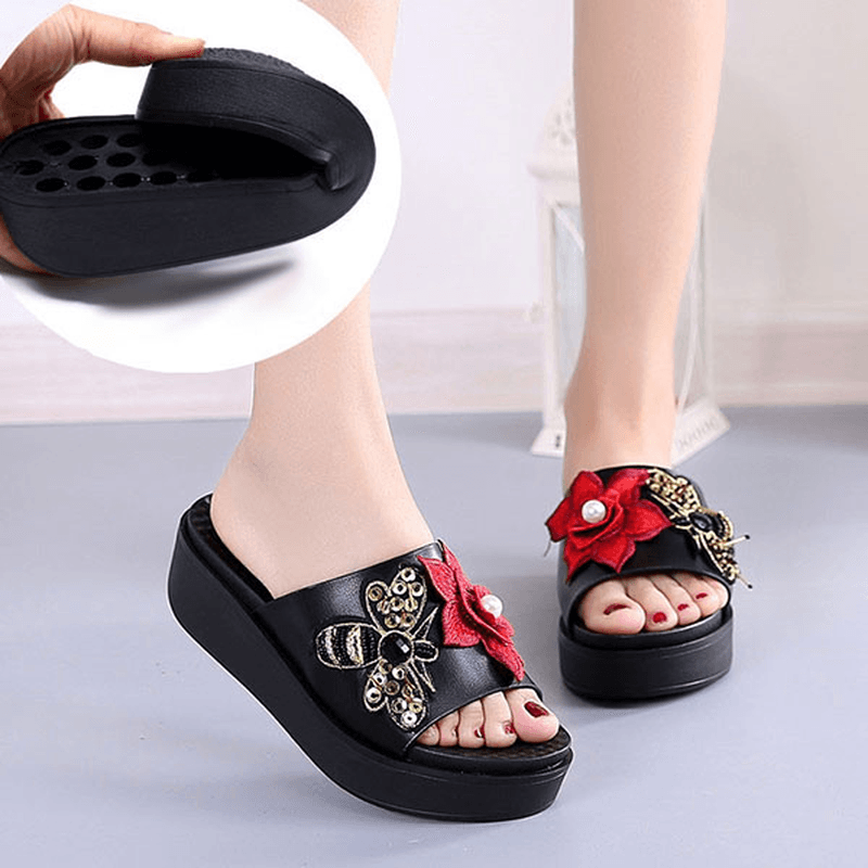 Women Summer Sandals Slip on Soft Sole Flower Embroidery Slippers - MRSLM