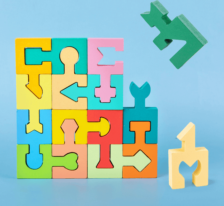 Wooden Puzzle Blocks with Geometric Shapes for Children - MRSLM