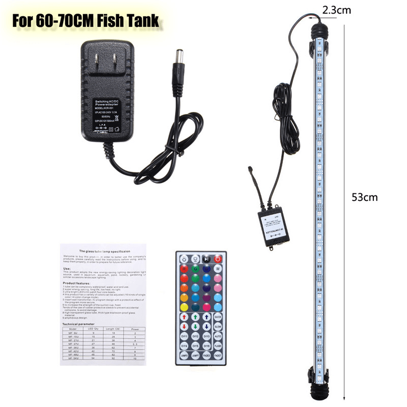 53CM RGB LED Aquarium Fish Tank Light IP68 Color Changing Bar Submersible Lamp + Remote Control AC110-240V - MRSLM