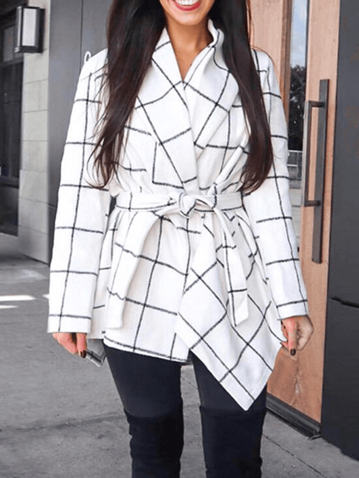 Women Plaid Long Sleeve Asymmetrical Hem Coats with Sashes - MRSLM