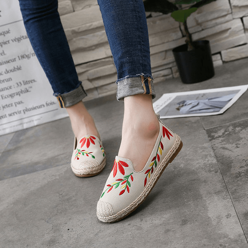 Women Casual Embroidered Flower Cloth Flat Loafers - MRSLM