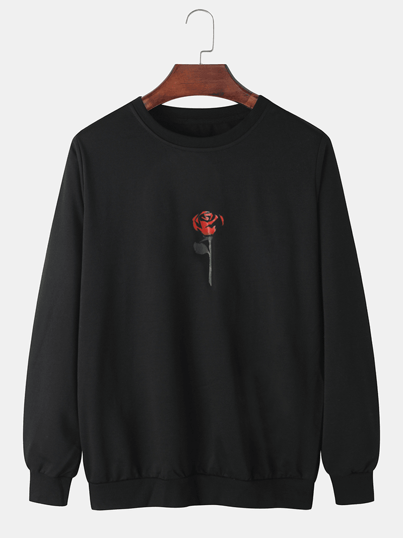 Mens Rose Print round Neck Pullover Long Sleeve Simple Cotton Sweatshirts - MRSLM