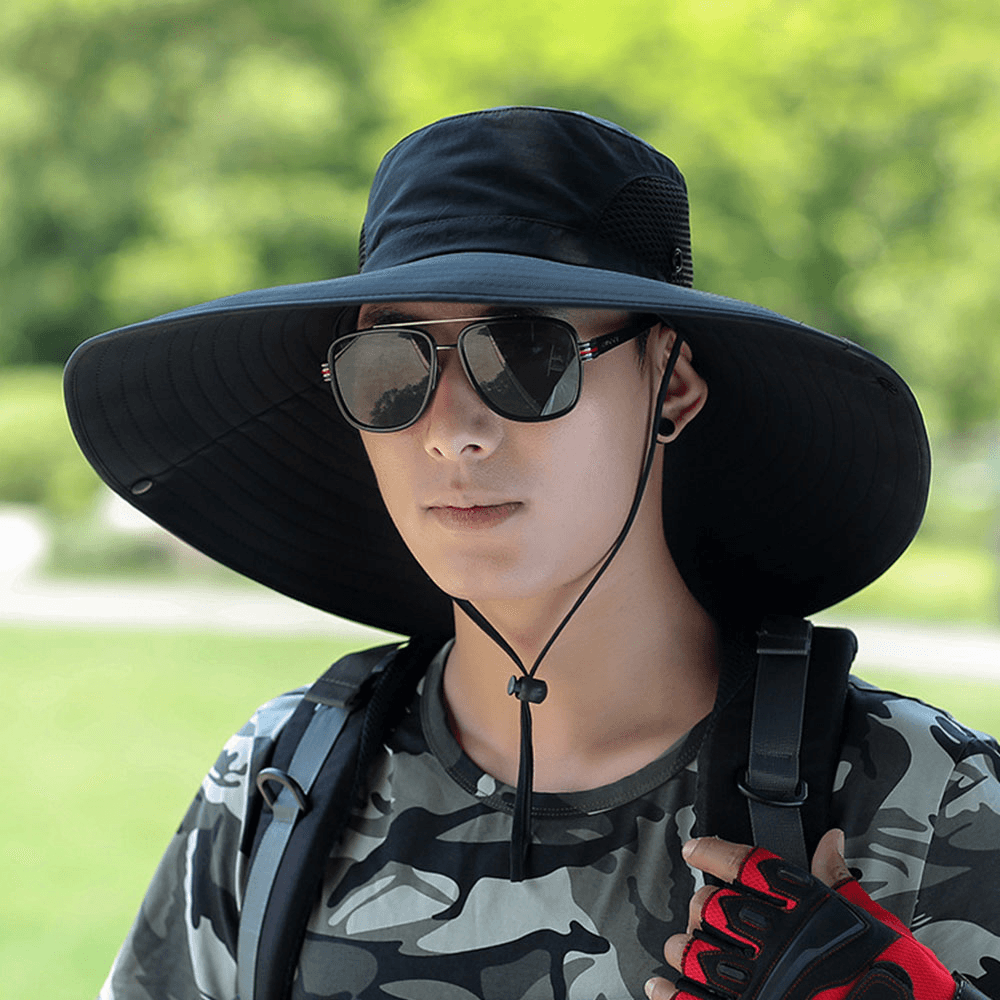 Men Summer UV Protection Wild Big Brim 15 Centimeters Visor Adjustable Sun Hat Bucket Hat for Fishing Mountaineering - MRSLM