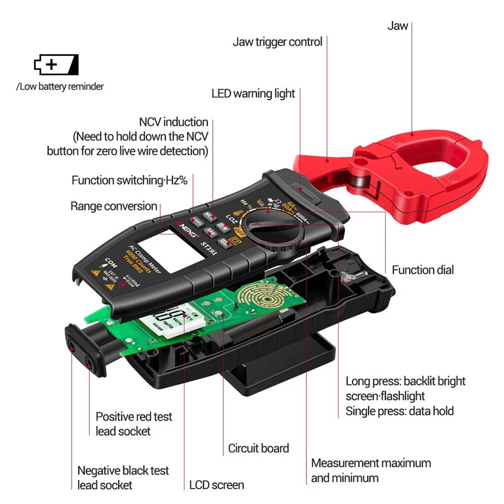 ANENG ST191 Digital Clamp Meter AC Current 6000 Counts True RMS Multimeter Ammeter Voltage Tester Car Amp Hz Capacitance NCV Ohm Test - MRSLM