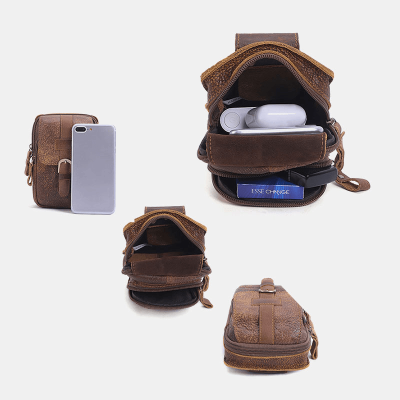 Men Genuine Leather Multifunction Vintage 6.3 Inch Phone Case Wear-Resistant Cowhide Waist Packs - MRSLM