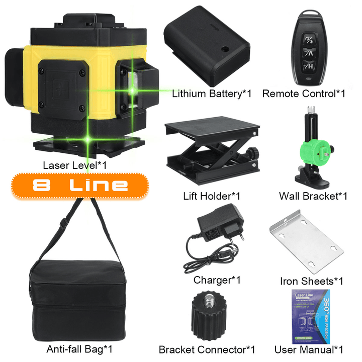 16/12/8 Line 360° 4D Horizontal Vertical Cross Green Light Laser Level Self-Leveling Measure Super Powerful Laser Beam - MRSLM