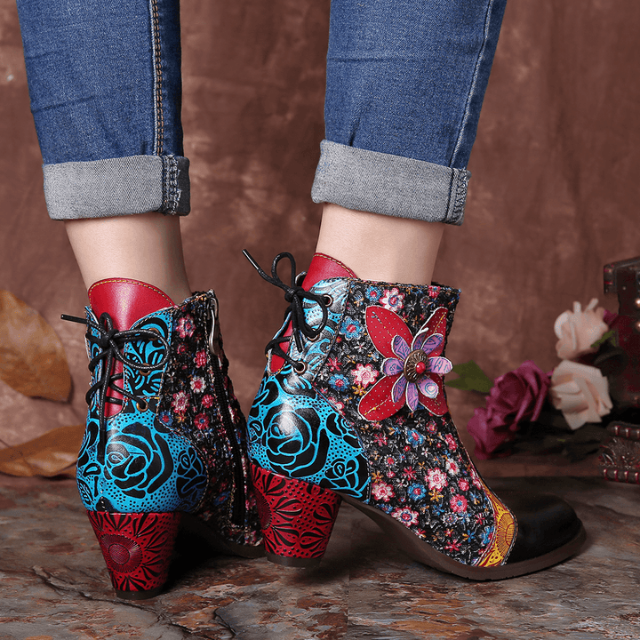 Women Retro Leaf Flower Leather Comfy Zipper Ankle Boots - MRSLM