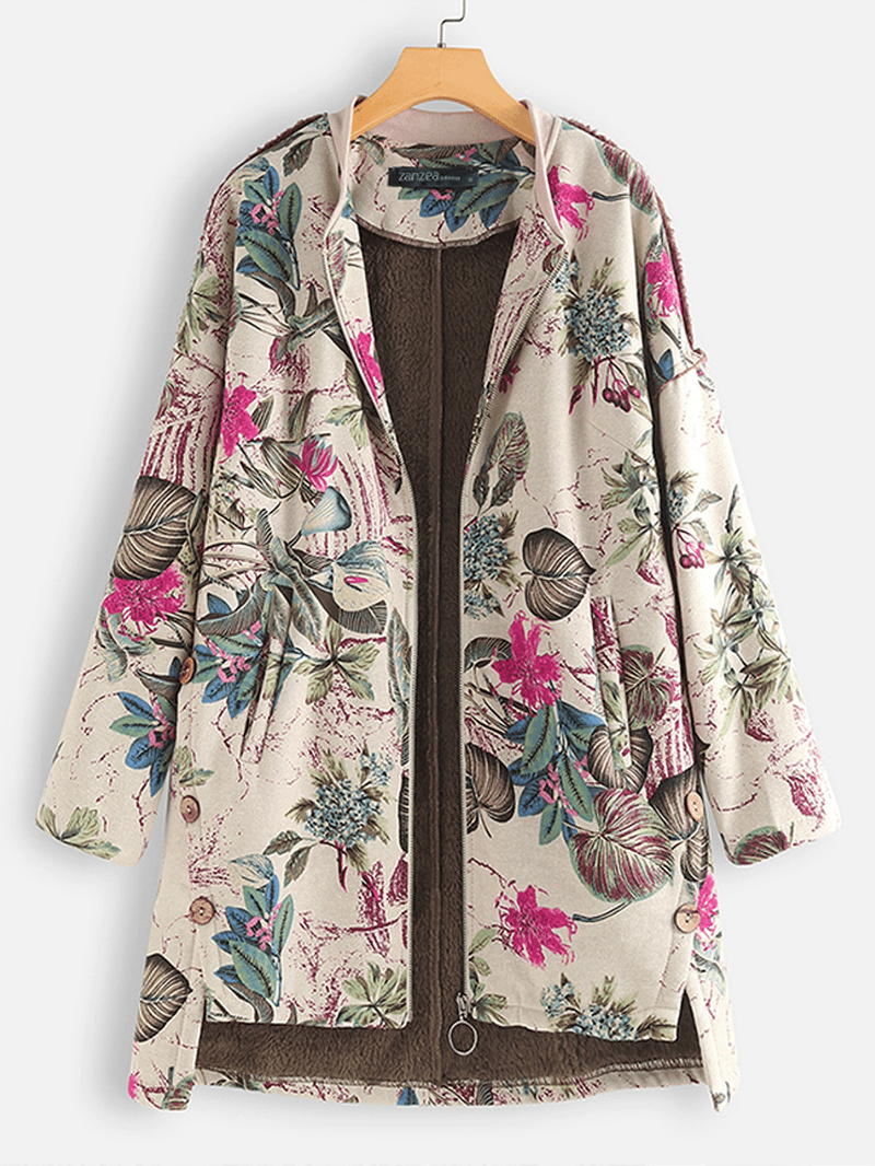 Women Long Sleeve Floral Print Zipper Coats - MRSLM