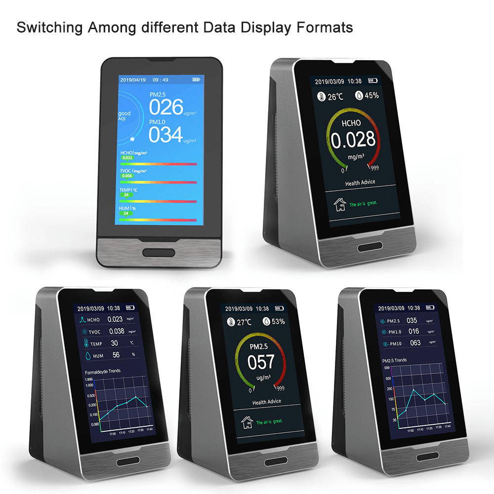 PM2.5 PM1.0 PM10 Temperature Humidity Air Quality Monitor 4.3 Inch LED Display Intelligent HCHO TOVC Gas Detector - MRSLM