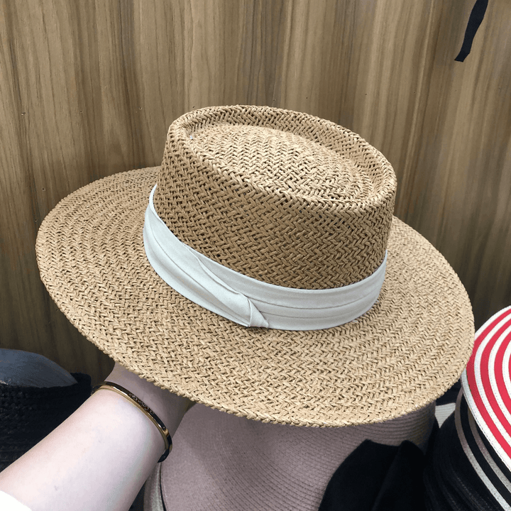 Summer Hat Flat Straw Hat Female Raffia Straw Hat Beach Vacation Sun Shade Sun Hat Fisherman Hat Net Red - MRSLM