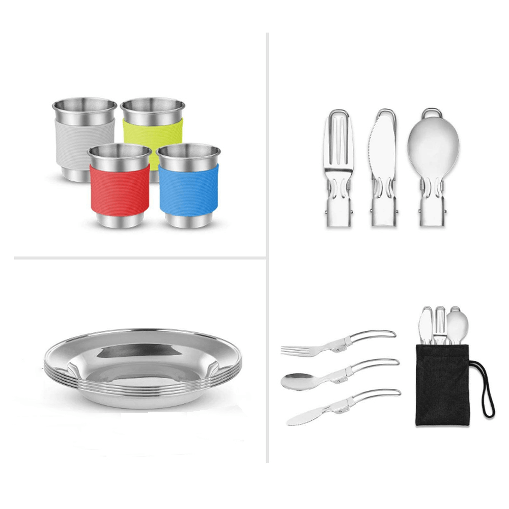 33 Pcs Set Camping Cookware Non-Stick Pot Pan Kettle Set Cups Plates Forks Knife Spoons Outdoor Tableware - MRSLM