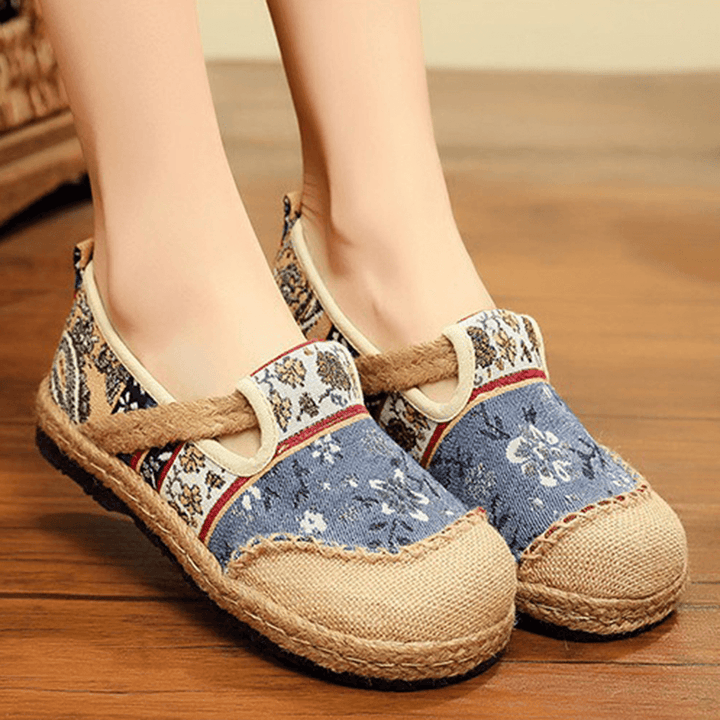 Women Linen Old Peking Printing Stricing Slip on Loafers - MRSLM