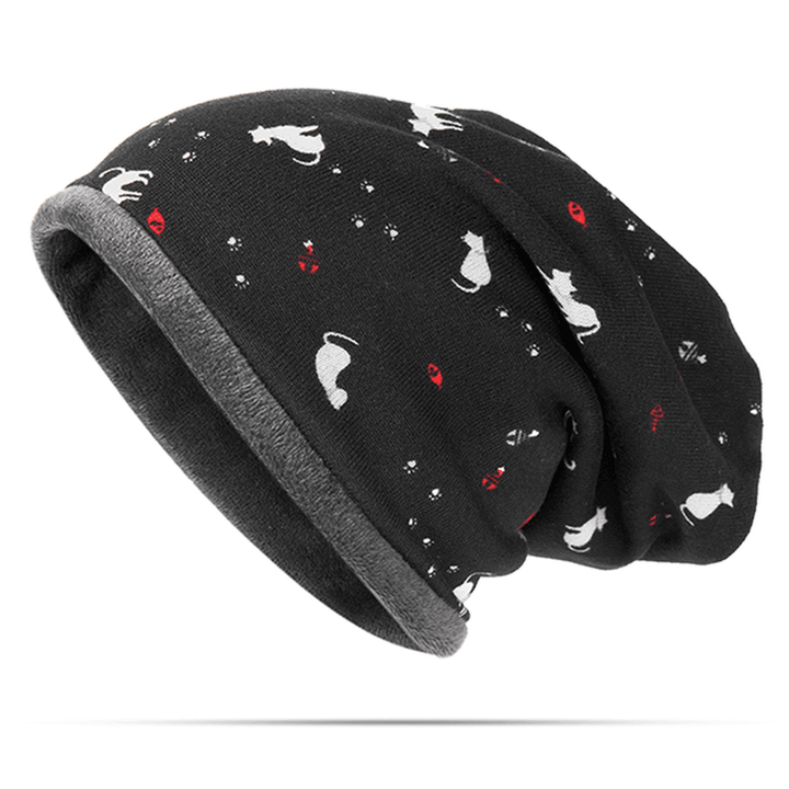 Women Cotton Cat Printing Beanie Hats Casual Outdoor Warm for Both Hats and Scarf Use - MRSLM