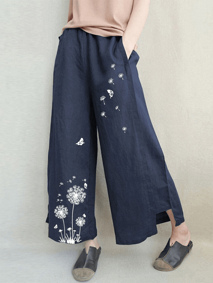 Women Floral Print Elastic Waist Loose Wide Leg Pants with Pocket - MRSLM