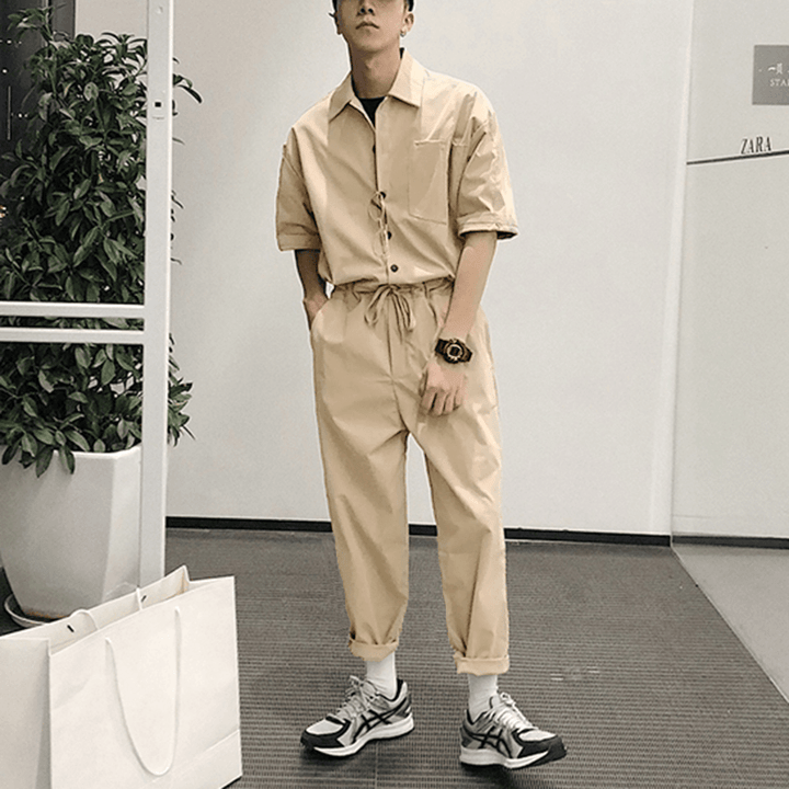 Men Solid Color Chest Pocket Drawstring Half Sleeve Rompers Pants - MRSLM