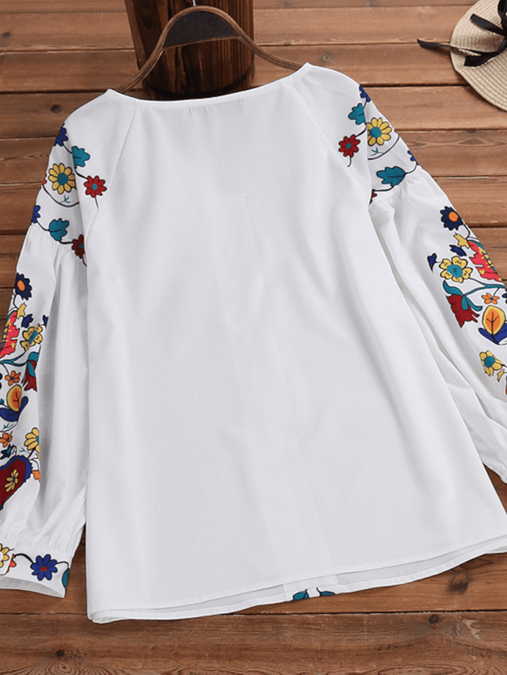 Puff Sleeve Casual Loose O-Neck Floral Ethnic Style Blouse - MRSLM