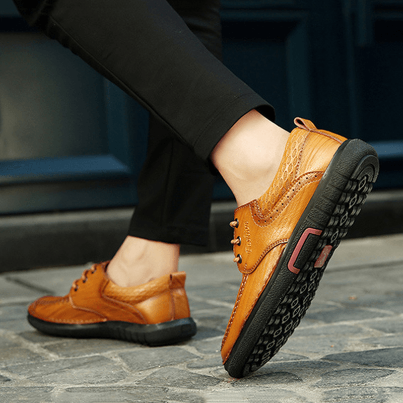 Men Casual Comfy Soft Sole Genuine Leather Lace up Oxfords Shoes - MRSLM