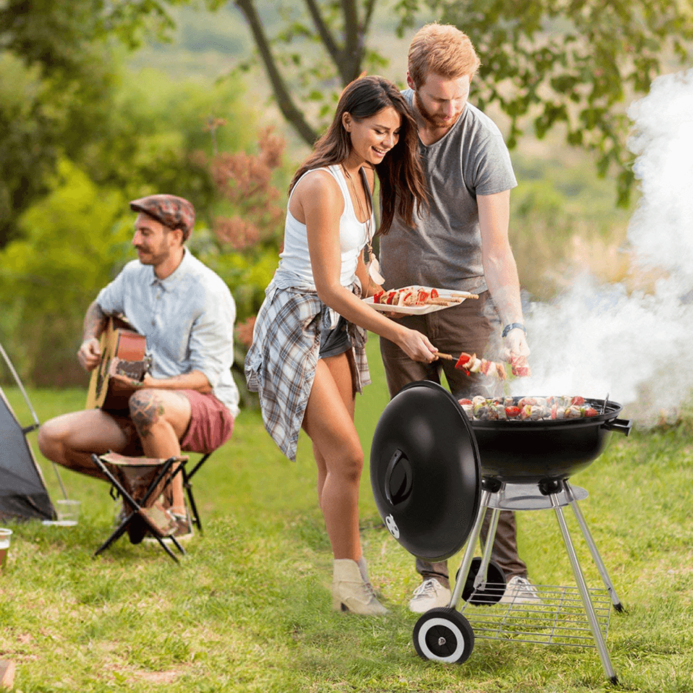 17Inch round Portable Heat Control Charcoal Grill with 2 Wheels Barbecue BBQ Kettle Outdoor Picnic Camping Cooking Grate - MRSLM