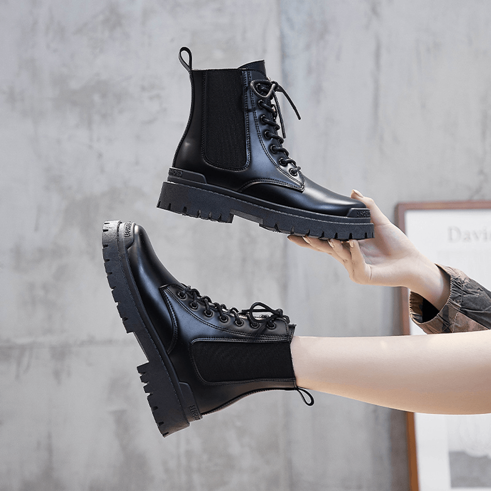 Women Casual Warm Slip Resistant Platform Lace up Combat Boots - MRSLM