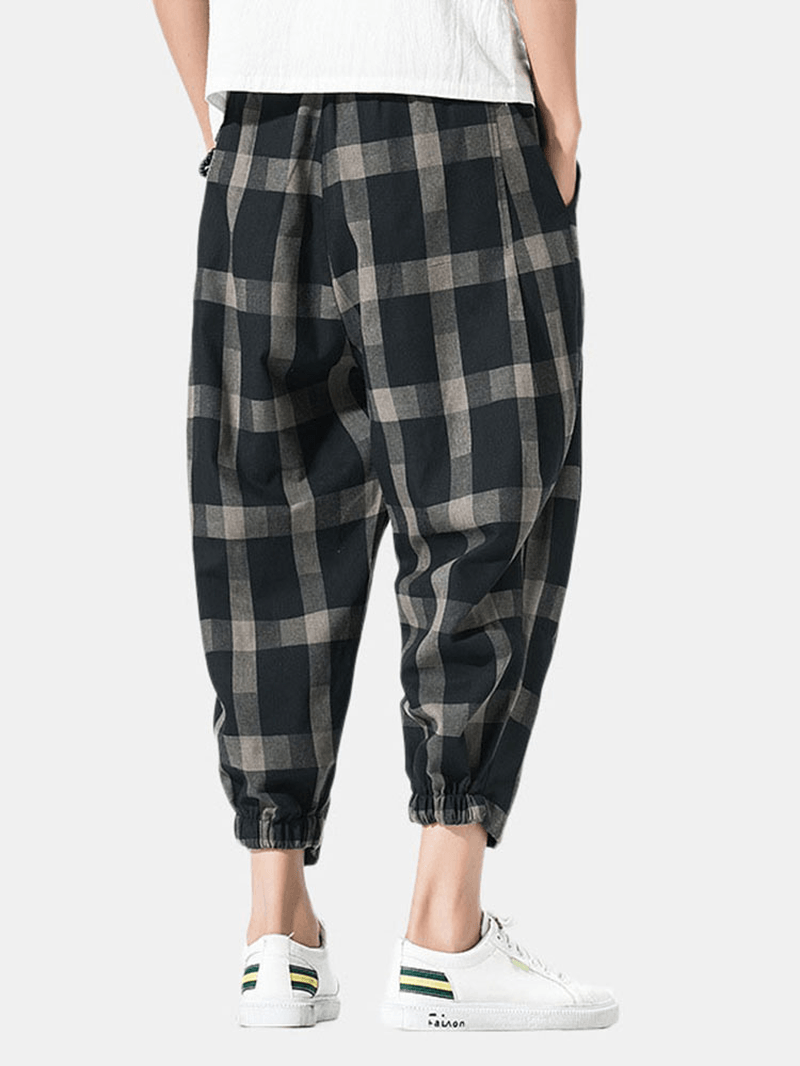 Men Linen Checked Drawstring Harem Pants - MRSLM