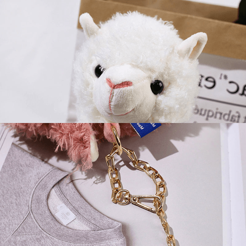 Women Lamb Wool Cute Cartoon 3D Alpaca Shape Soft Creative Small Shoulder Bag Crossbody Bag with Chain - MRSLM