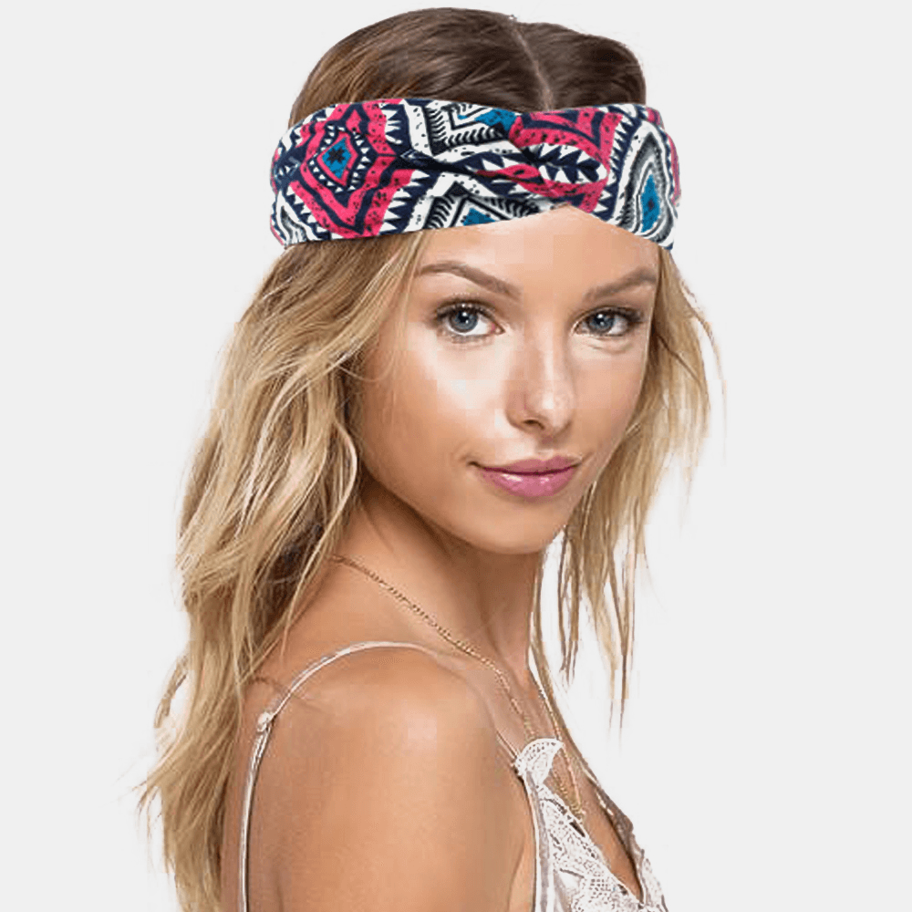 Women Bohemian Style Diamond Lattice Pattern Casual Outdoor Headdress Elastic Cross Tie Wide Brim Headband - MRSLM