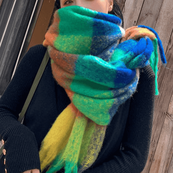 Women Cashmere Dual-Use Rainbow Mixed Color Stripes Thicken Warm plus Long Tassel Scarf Shawl - MRSLM