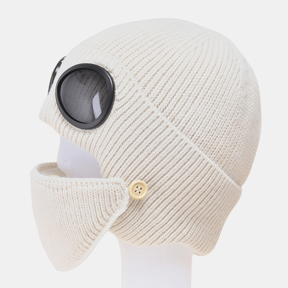 Unisex plus Velvet Thick Warm Neck Face Ear Protection Headgear Knitted Hat Mask Pilot Glasses - MRSLM